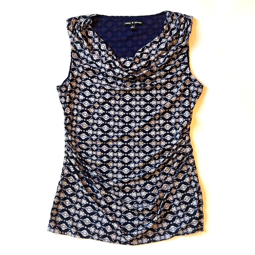 Cable & Gauge Navy Blue Geometric Mesh Drape Neck Ruched Tank Top Womens Small